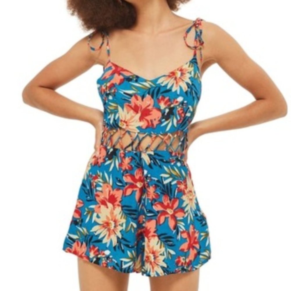 Topshop | Criss Cross Waist Cut Out Floral Romper